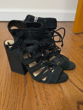 Vince Camuto Black Lace-Up Strappy Block Heel Sandals